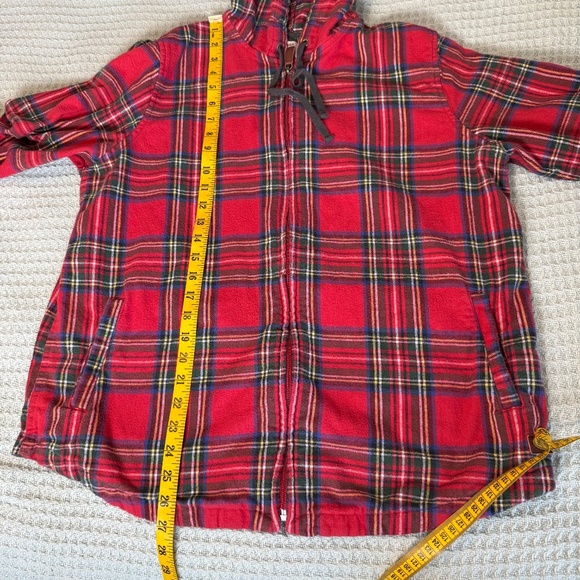 LL Bean Scotch Plaid Flannel Shirt Relaxed Fit Hoodie Womens Large Red Shacket - Picture 9 of 9